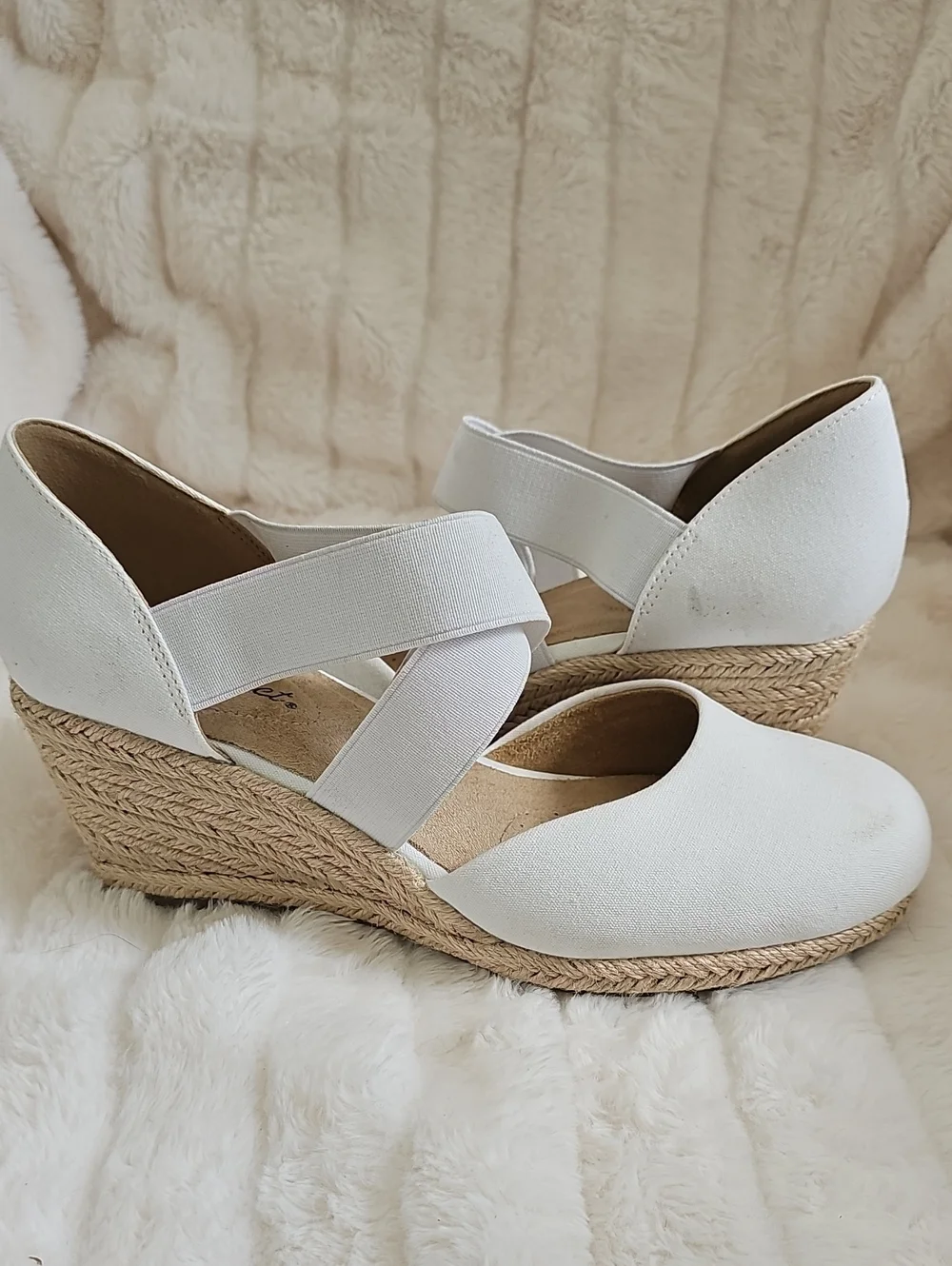 easy street White Espadrille Wedge Sandals with Cross Straps
